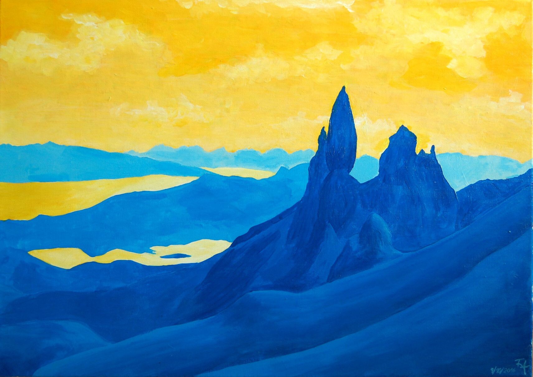 Blue and yellow acrylic painting of the Old Man of Storr in Scotland. The skay is painted in yellows, the landscape in darker blues.