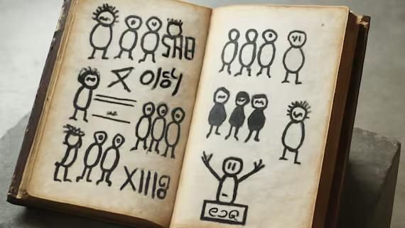 Manoscritto antico aperto su pagine ingiallite, ricoperte di figure stilizzate a bastoncino, simboli enigmatici e segni che ricordano un’antica scrittura; la copertina è consunta e il volume mostra i segni del tempo