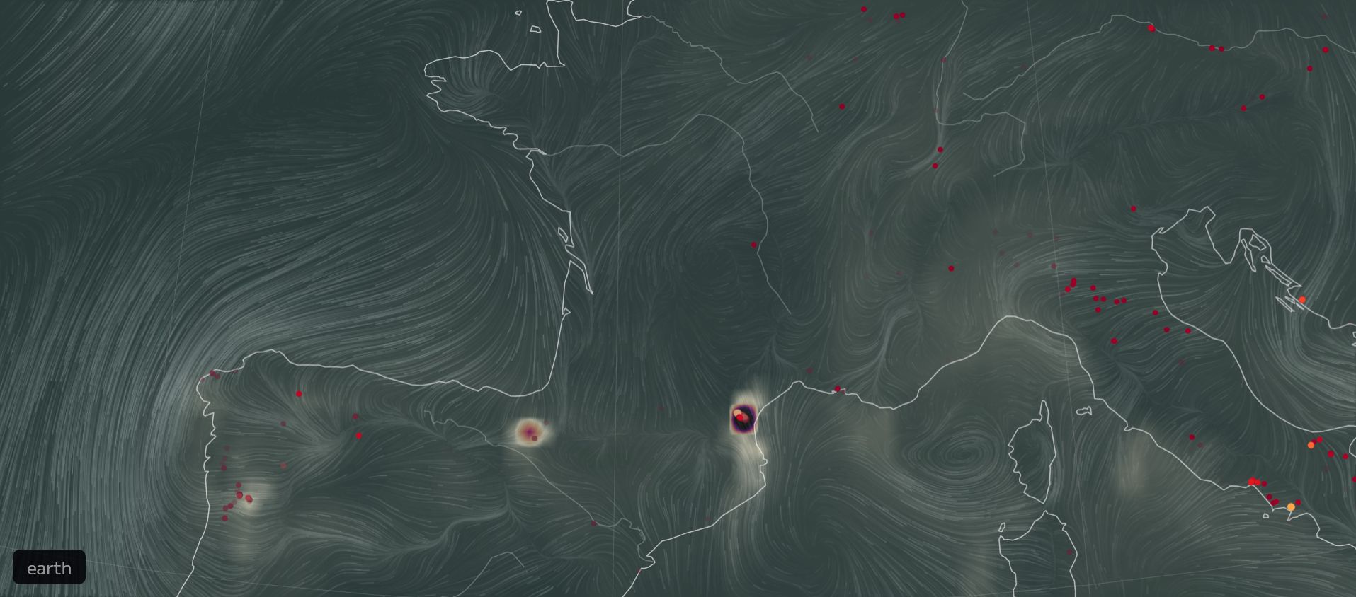 Capture du site Earth Wind Map, réglé sur la concentration de monoxyde de carbone en surface et indiquant les feux de forêt.
Dans l'Aude, au sud de la France hexagonale, une petite tâche noire indique une forte concentration en monoxyde de carbone à l'emplacement de l'incendie qui y fait rage.