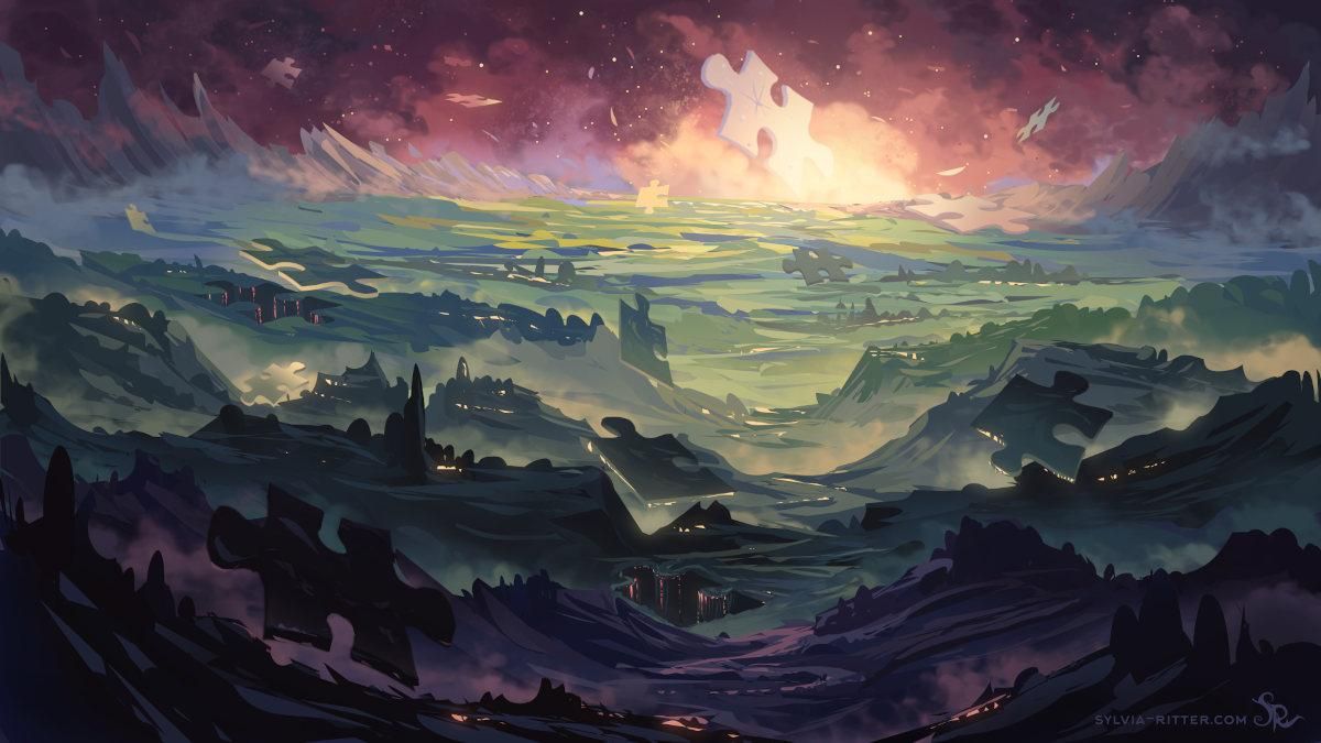 A puzzling sci-fi landscape (black, purple, green, blue, red, yellow colors.

Above, Puzzle pieces float off the ground far into the yonder, where we can see a puzzle piece shining like a moon. It looks like a magical and soothing place, a countryside with some ancient castles. Underneath these floating parts, we can find an underground society. Living in tall buildings reaching almost the planet's core. Probably the busiest area of this yet unexplored planet.

https://www.deviantart.com/sylviaritter/art/Speedpainting-22122025-1278113072