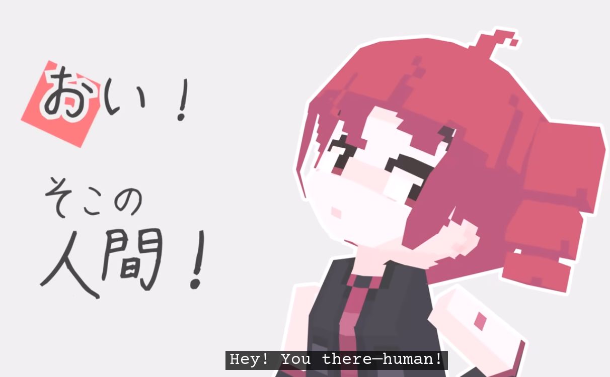 a low poly kasane teto saying "hey! you there-human!"
