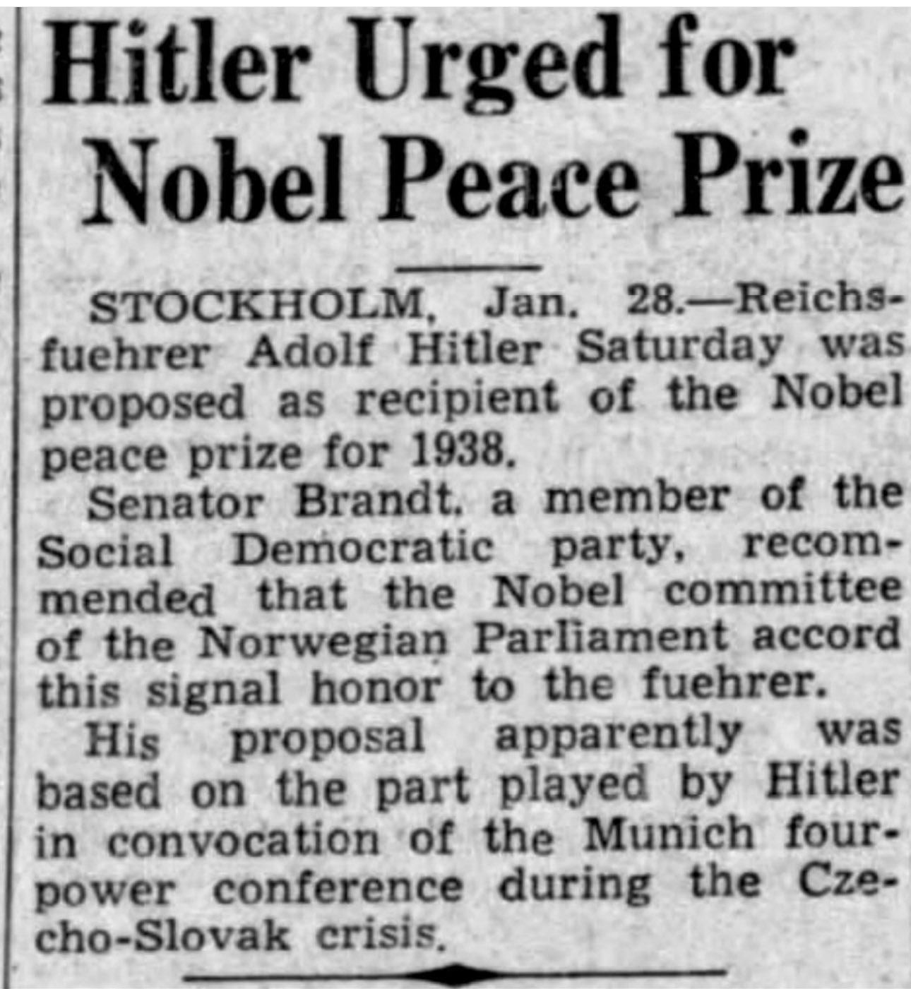 Alter Zeitungsartikel, der über einen Aufruf zur Verleihung des Friedensnobelpreises an Adolf Hitler berichtet.