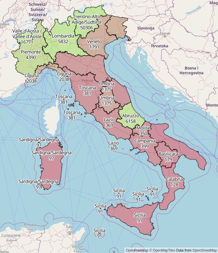 map of italy with various regions different colours