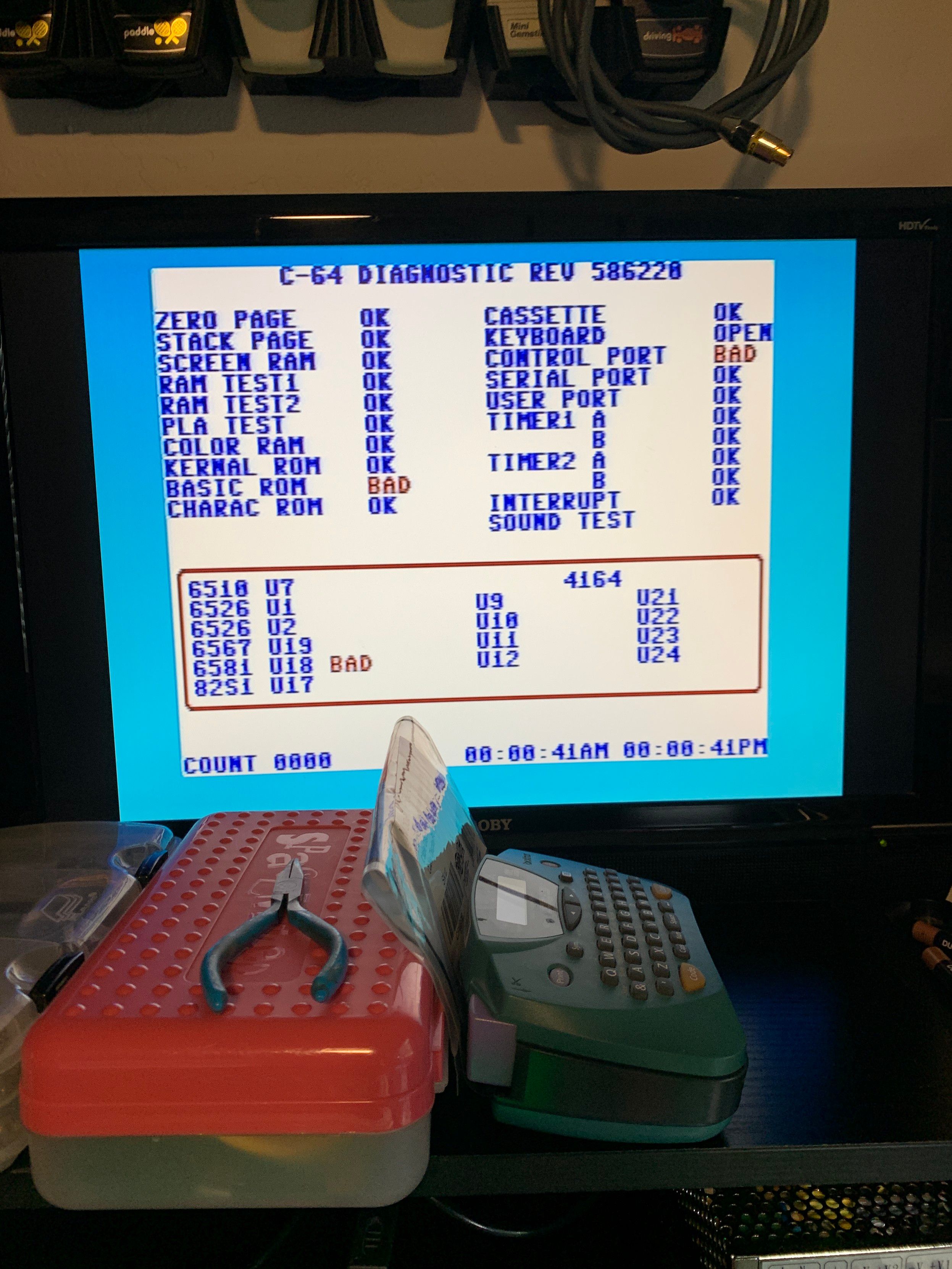 Commodore64 diagnostic output showing the BASIC ROM failing. The control port test is failing as well as not having any audio output.  