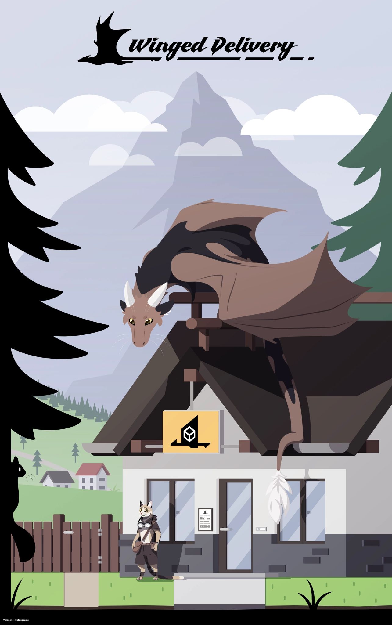 Cover art for my upcoming web comic "Winged Delivery". It shows my wyvern character again, standing on a house and looking down at a small anthropomorphic cat below. There are trees in the foreground and a mountain in the background. The house has a sign suggesting it's the office for a delivery service.