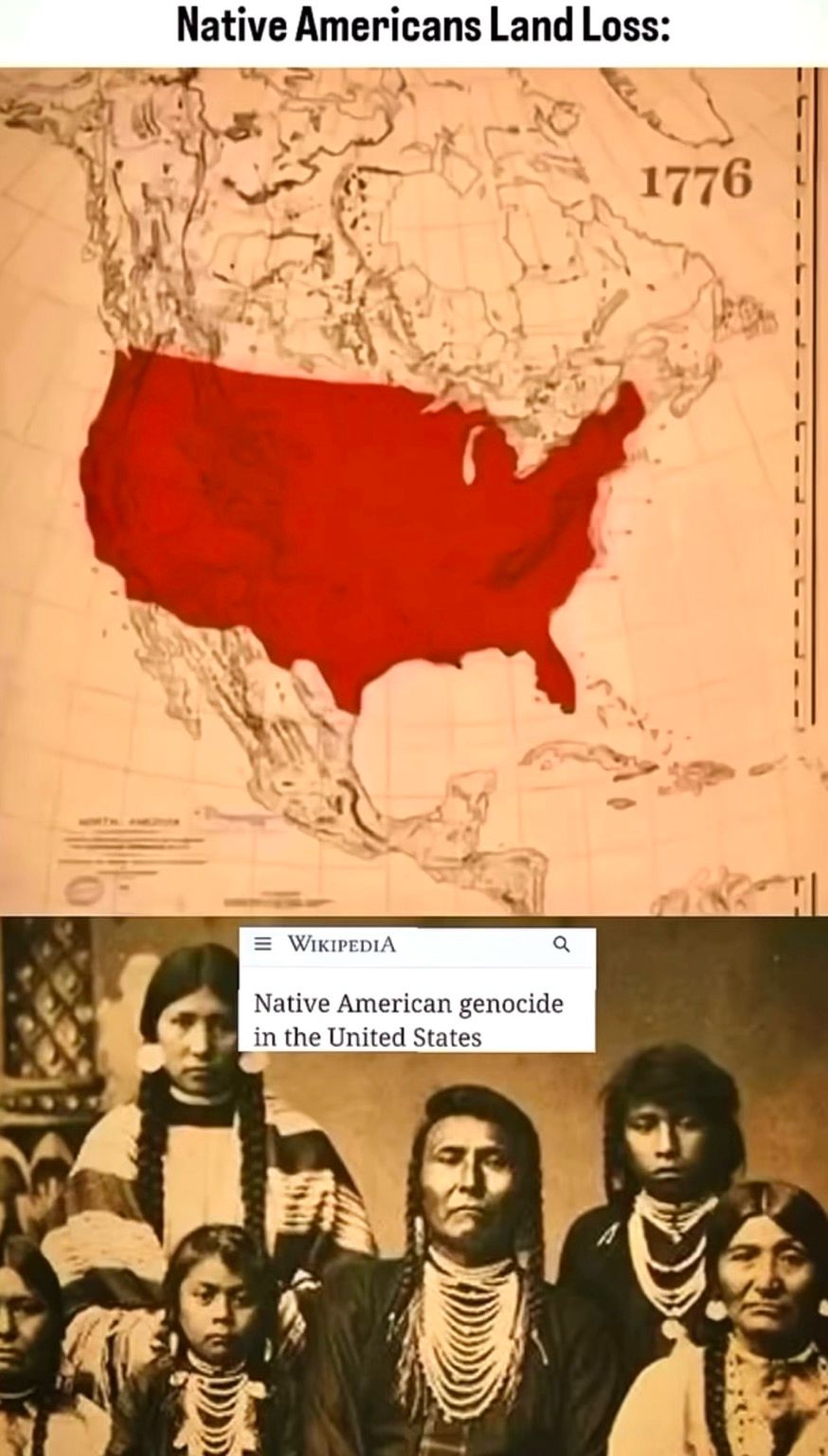 Native American land losses & genocide in the United States. Map shows the “development” over time from 1776. Below the map, photos of a group native Americans. 