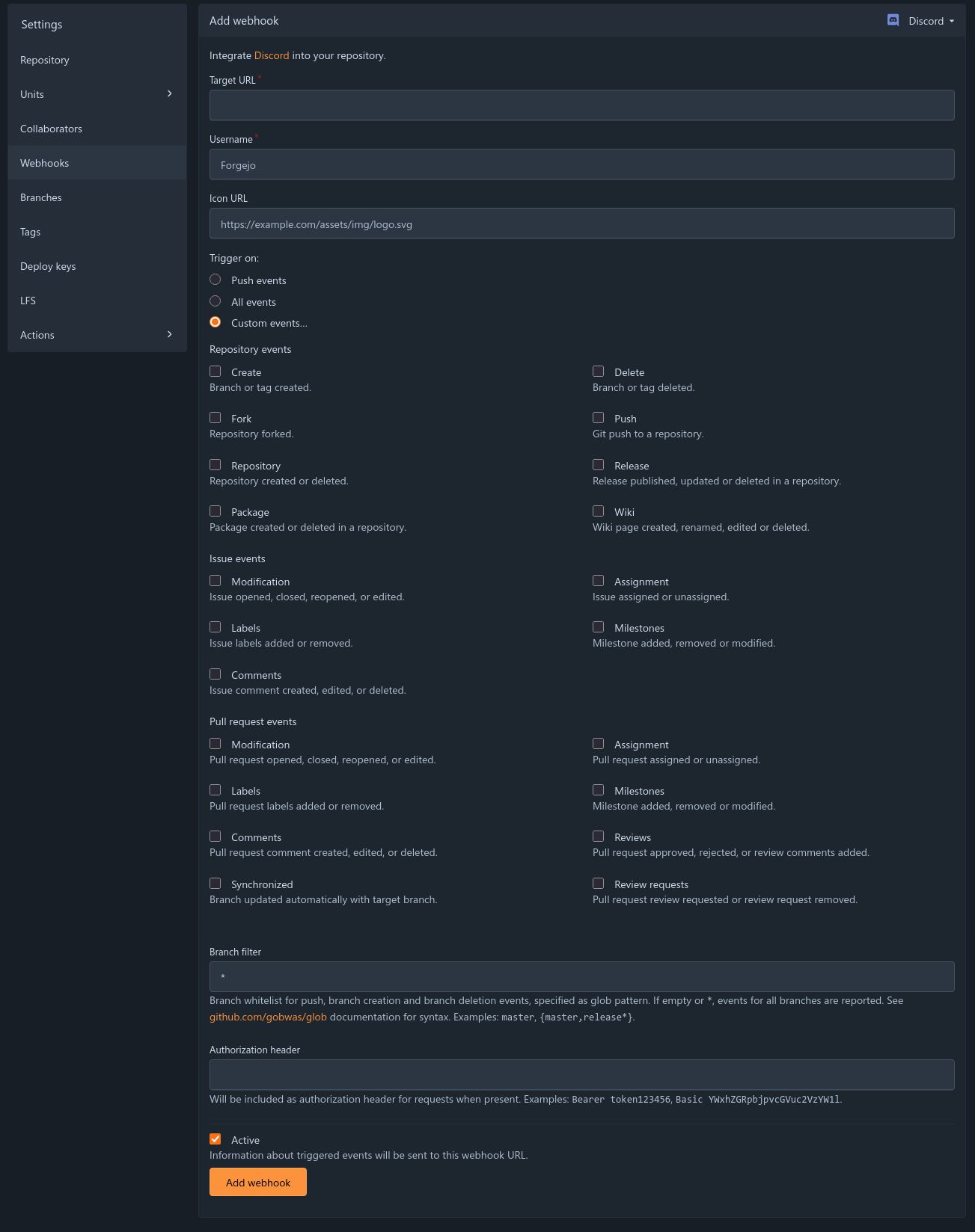 A screenshot of forgejos discord webhook settings showing all events it can send discord notifications for.