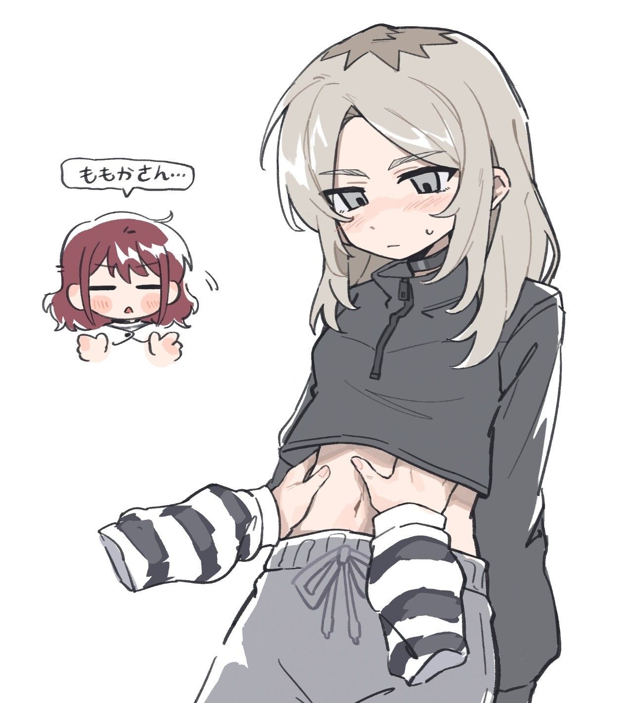 Danbooru tags: 2girls alternate_hairstyle black_jacket blush closed_eyes closed_mouth commentary_request girls_band_cry grey_eyes grey_hair grey_pants hair_down hands_on_another's_stomach highres iseri_nina jacket kawaragi_momoka long_hair multicolored_hair multiple_girls open_mouth pants red_hair roots_(hair) shirt simple_background striped_clothes striped_shirt sweatdrop sweatpants translated tutai white_background yuri