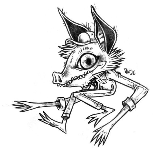 An ink drawing of a long-limbed goblin-like creature named Geir, dressed in a jumpsuit and wearing a cap.