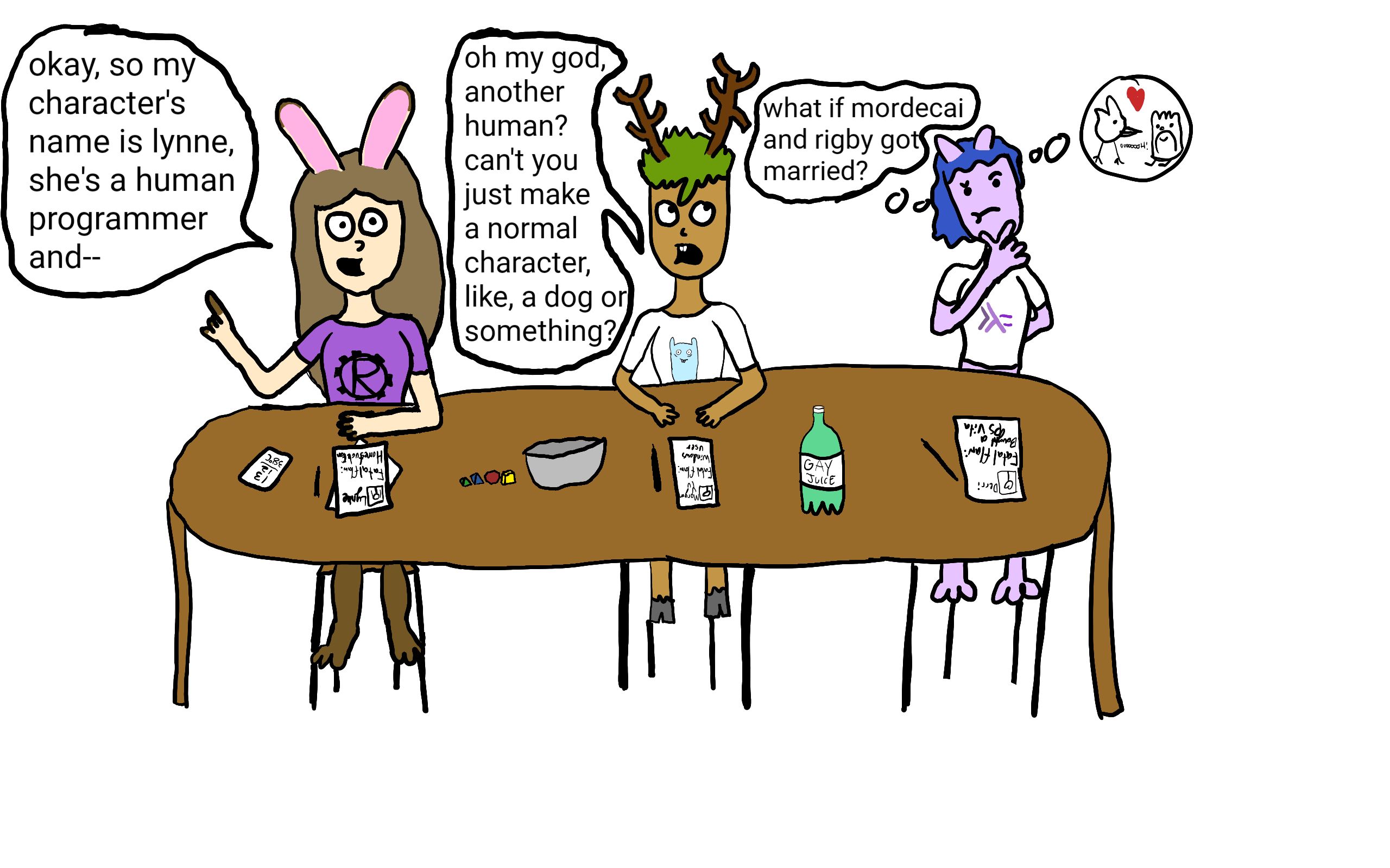 three anthros/fursonas/whatevers sitting at a table. one of them is my sona. she is wearing a purple rust logo shirt. she says: "okay, so my characters name is lynne, she's a human programmer and--"

the second anthro, a deer girl with a sickly looking go gopher shirt, says: "oh my god, another human? can't you just make a normal character, like, a dog or something?"

the third anthro, a returning character from that last godawful comic i made on my lewd alt, but now with a haskell shirt, is in deep thought, her face mimicking the thinking face emoji. she thinks to herself: "what if mordecai and rigby got married?" she is visualising this concept in her minds eye.

all three anthros have character sheets in front of them, with fatal flaws listed. mine is "homestuck fan", the deer girl's is "windows user", and the cat girl's is "bought a PS vita".
