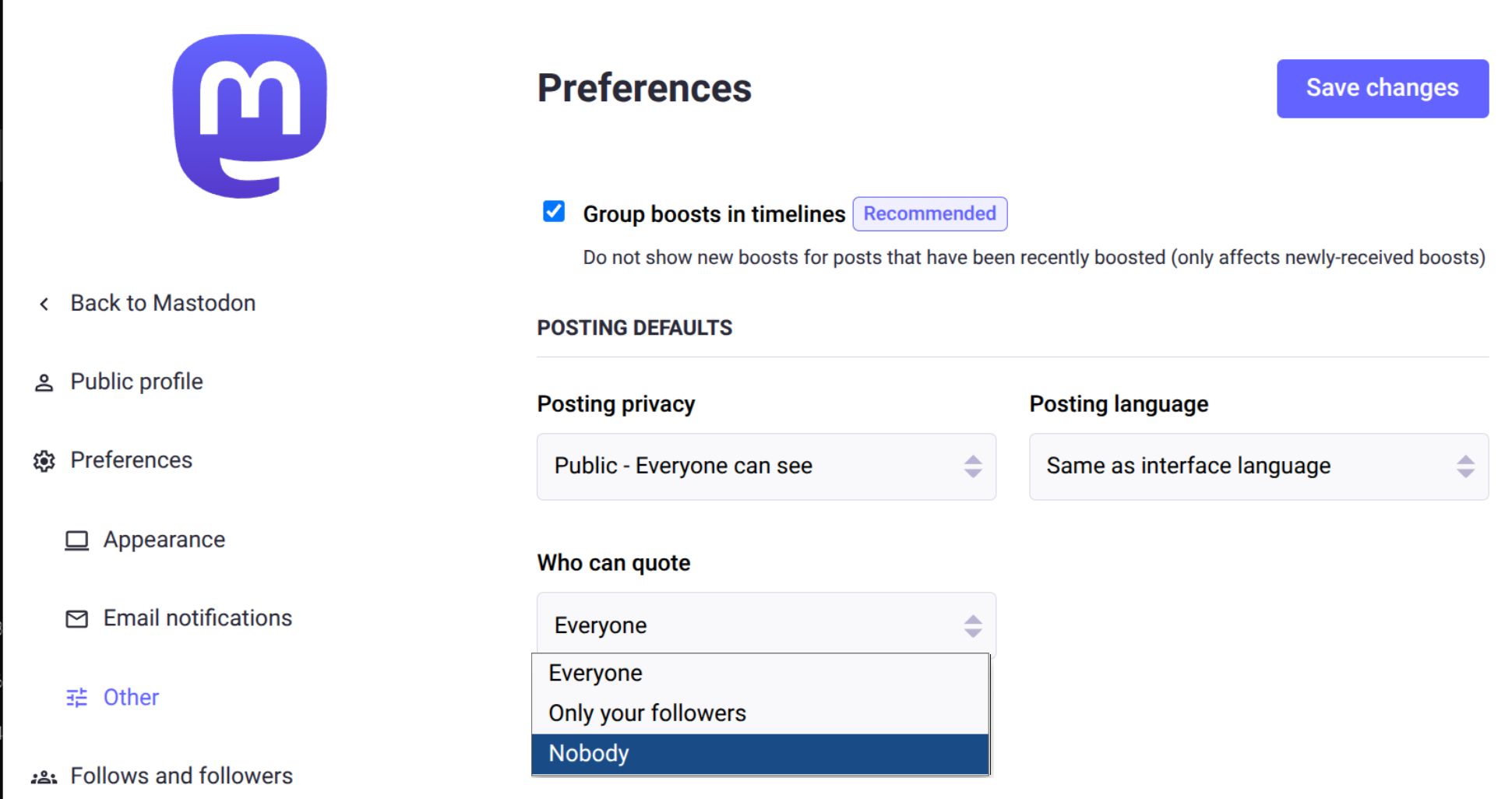 A screenshot showing the Preferences -> Other -> Who can quote option in Mastodon 4.4
