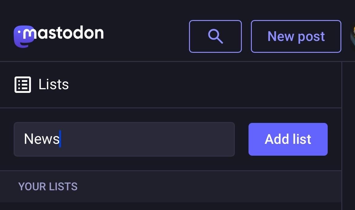 Screenshot of the Mastodon web interface. The Lists icon has been selected and a new list named News is about to be added. 