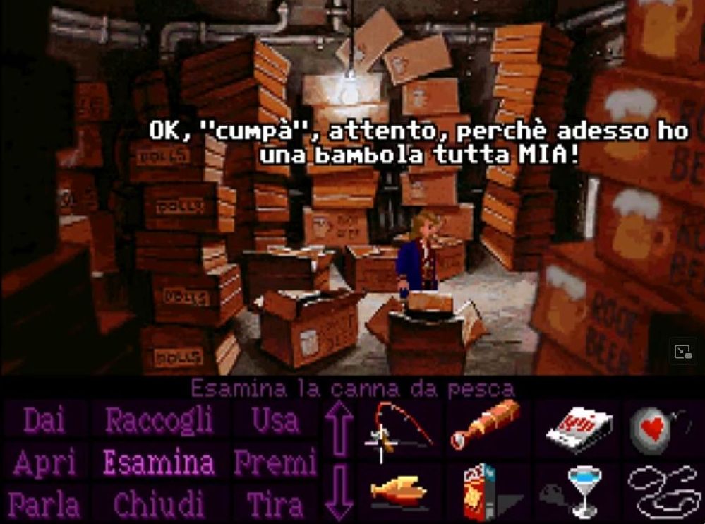 Una scena di Monkey Island 2, Guybrush dice: OK, "cumpà", attento, perchè adesso ho una bambola tutta MIA!