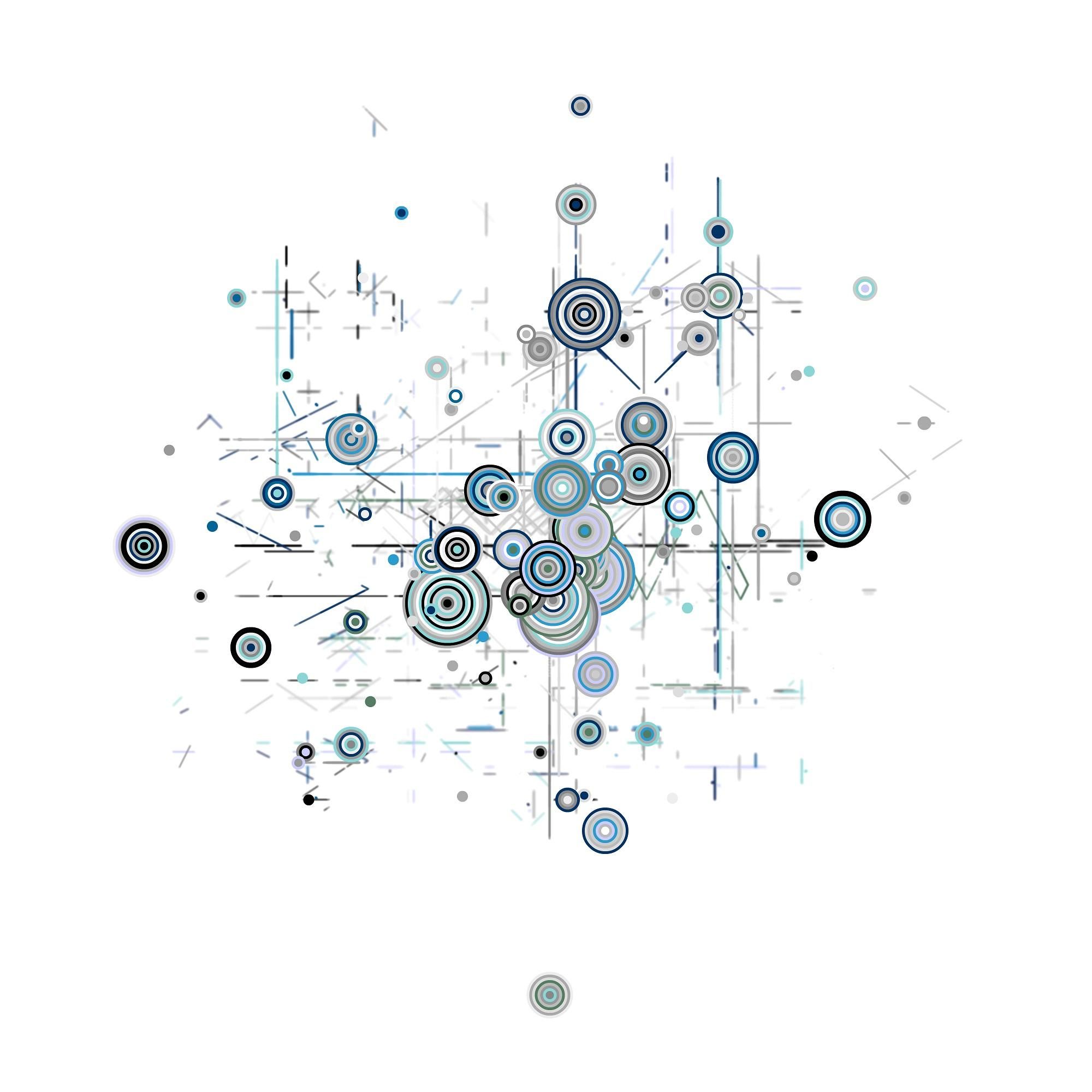 Abstract art inspired by chemistry, with lots of concentric circles and straight lines.
