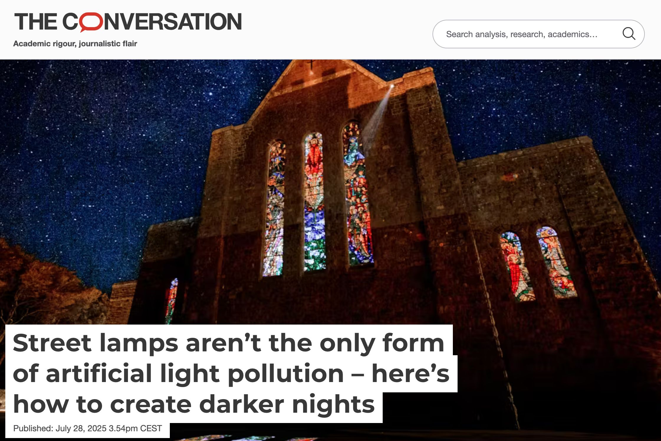 Image of the facade of a church with glowing stained glass windows and stars visible behind it. Text says The Conversation, and the article title is "Street lamps aren't the only form of artificial light pollution - here's how to create darker nights"