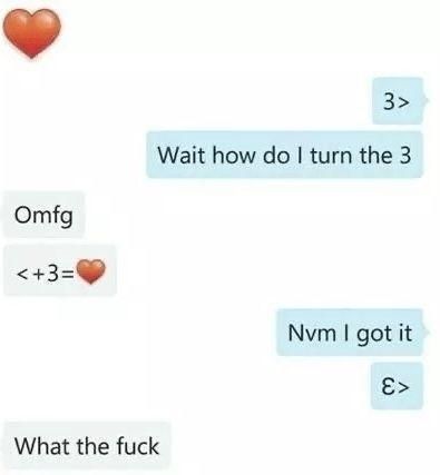 A chat log between two people
Person 1: ❤️
Person 2: 3>
Person 2: Wait how do I turn the 3
Person 1: Omfg
Person 1: <+3=❤️
Person 2: Nvm I got it
Person 2: Ɛ>
Person 1: What the fuck