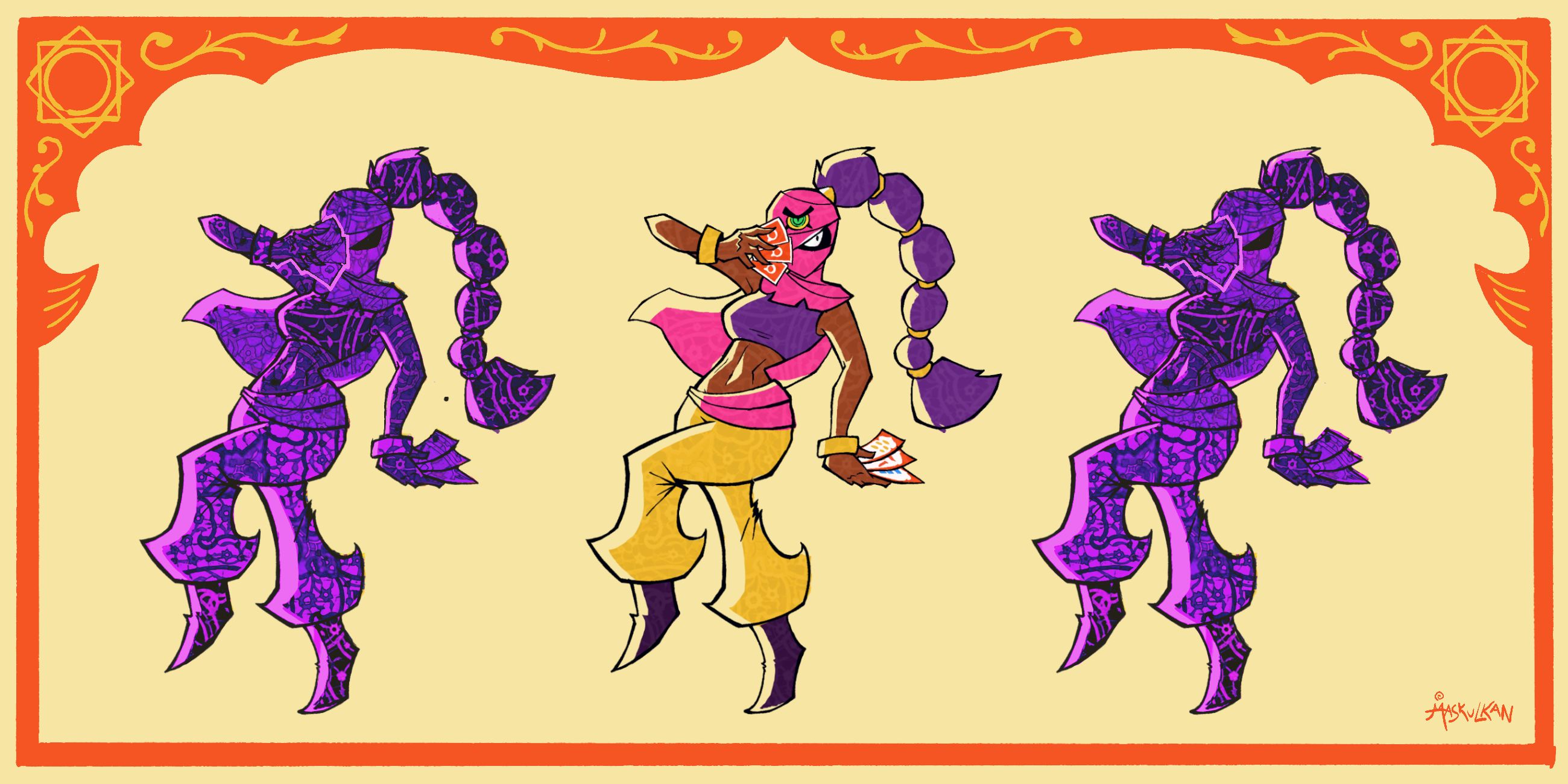 Drawing of Tara Brawl Stars based on an early concept design which depicts her with a long ponytail. Two shadow clones striking the same pose as her flank her on both sides and are covered with a texture inspired my Islamic geometric art.