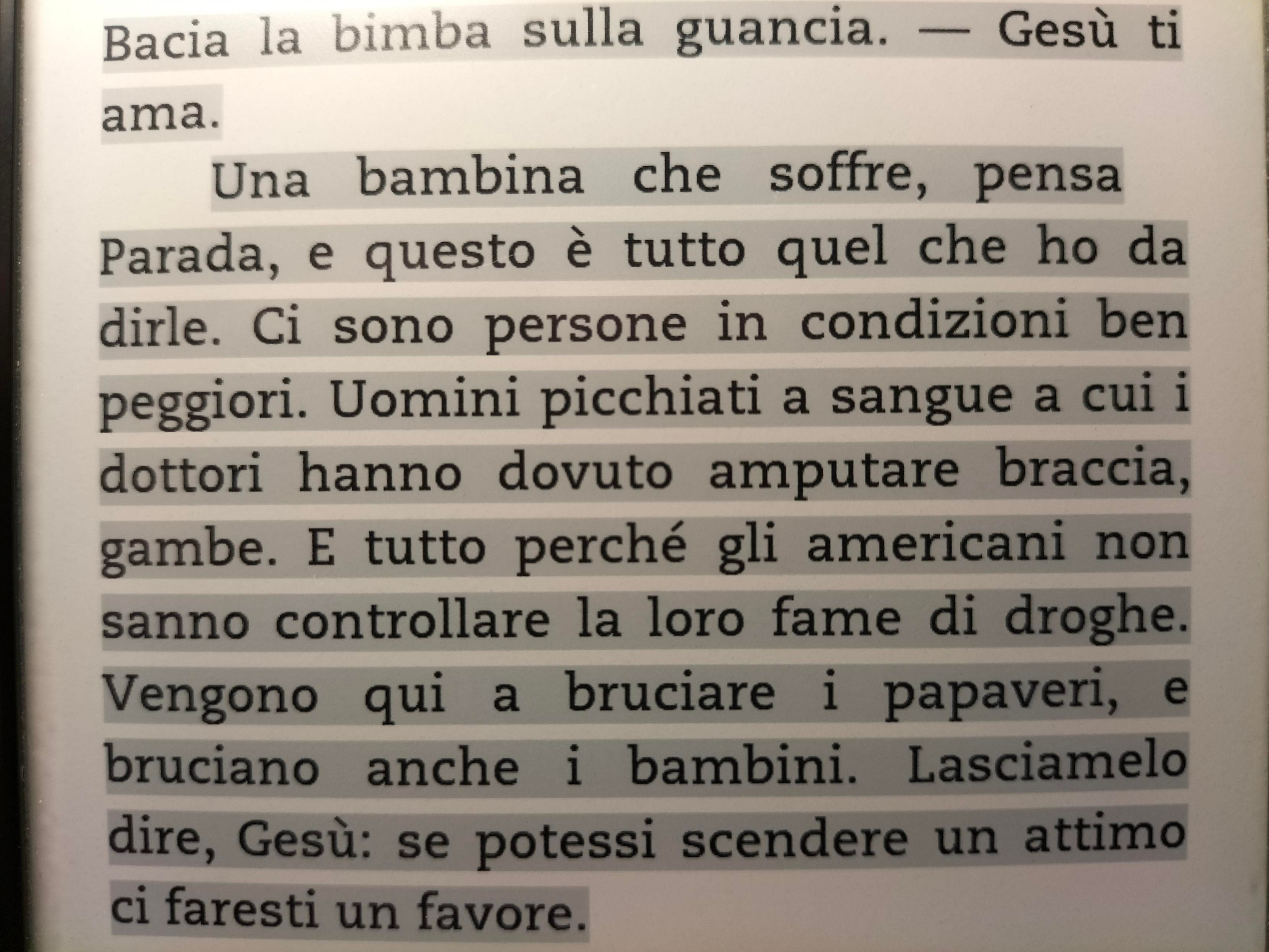 Bacia la bimba sulla guancia. -Gesù ti ama. 
Una bambina che soffre, pensa Parada e questo è tutto questi ho da dirle. Ci sono persone in condizioni ben peggiori. Uomo impiccato a sangue a cui dottori hanno dovuto amputare braccia, gambe. È tutto perché gli americani non sanno controllare la loro fame di droghe. Vengono qui a bruciare i papaveri, e bruciano anche i bambini. Lasciamelo dire, Gesù: se potessi scendere un attimo ci faresti un favore.