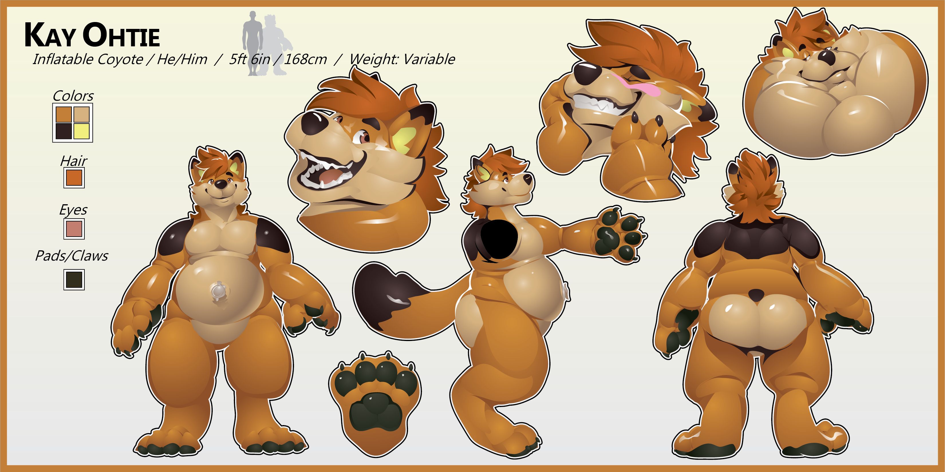 Reference sheet of Kay the inflatable latex coyote wearing nothing, exposing his chest and puffy belly and the valve, as well as his upper arms to see the brown marking across his shoulders. Also his shiny large rear with the light undercolor. The ref sheet is shaded on the artwork but with swatches, and showcases happy face, blushy face, and a blimpy-faced smirk.