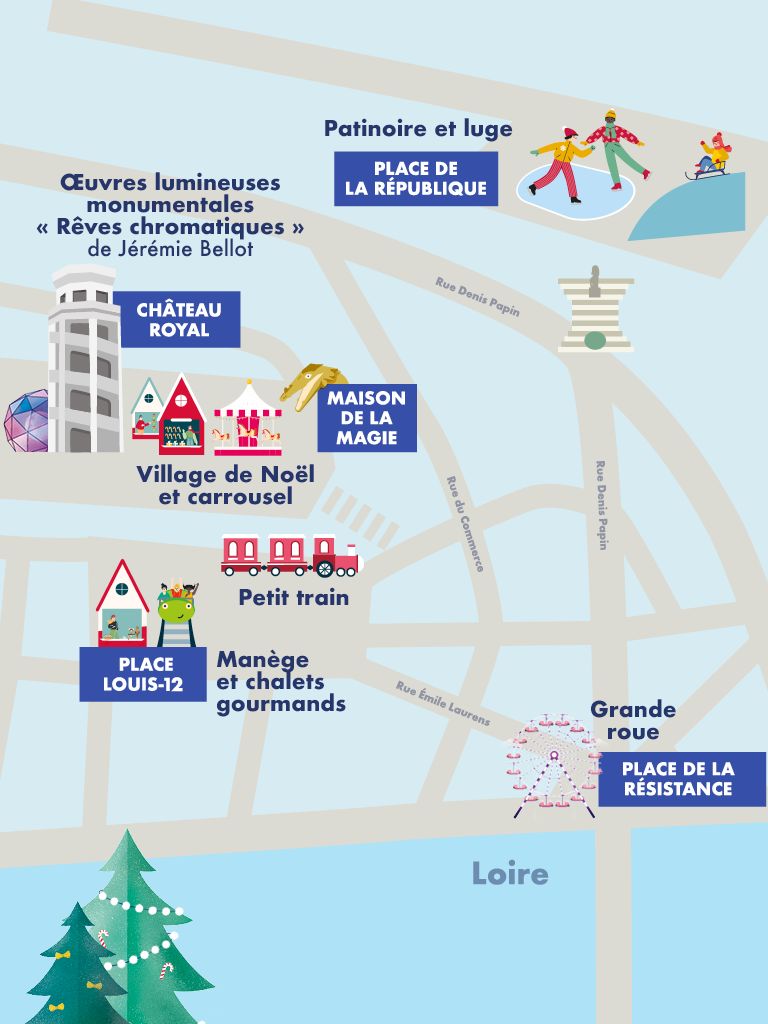 Plan illustré du centre-ville de Blois montrant les différents lieux des animations de « Des Lyres d’Hiver » : au Château royal : œuvres lumineuses et place du Château : le village de Noël et carrousel ; place Louis-12 : petit train, manège et chalets gourmands ; place de la République : patinoire et luge, place de la Résistance au bord de la Loire : grande roue.