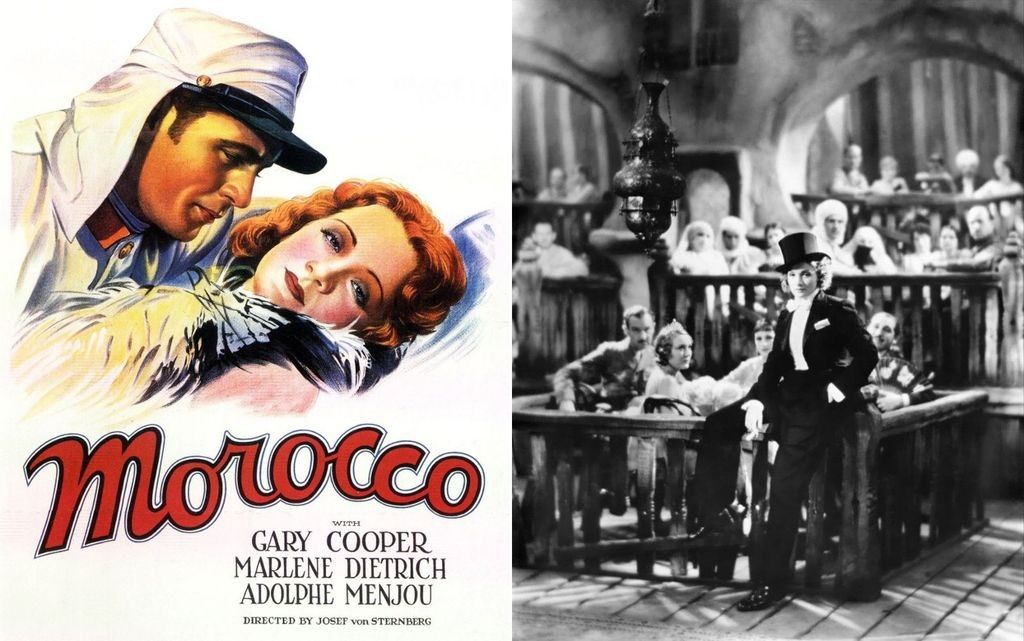 Split image: movie poster for "Morocco" with illustrated images of stars Gary Cooper and Marlene Dietrich on the left; on the right, a black-and-white film scene with Dietrich wearing a tuxedo seated on a rail before an audience.