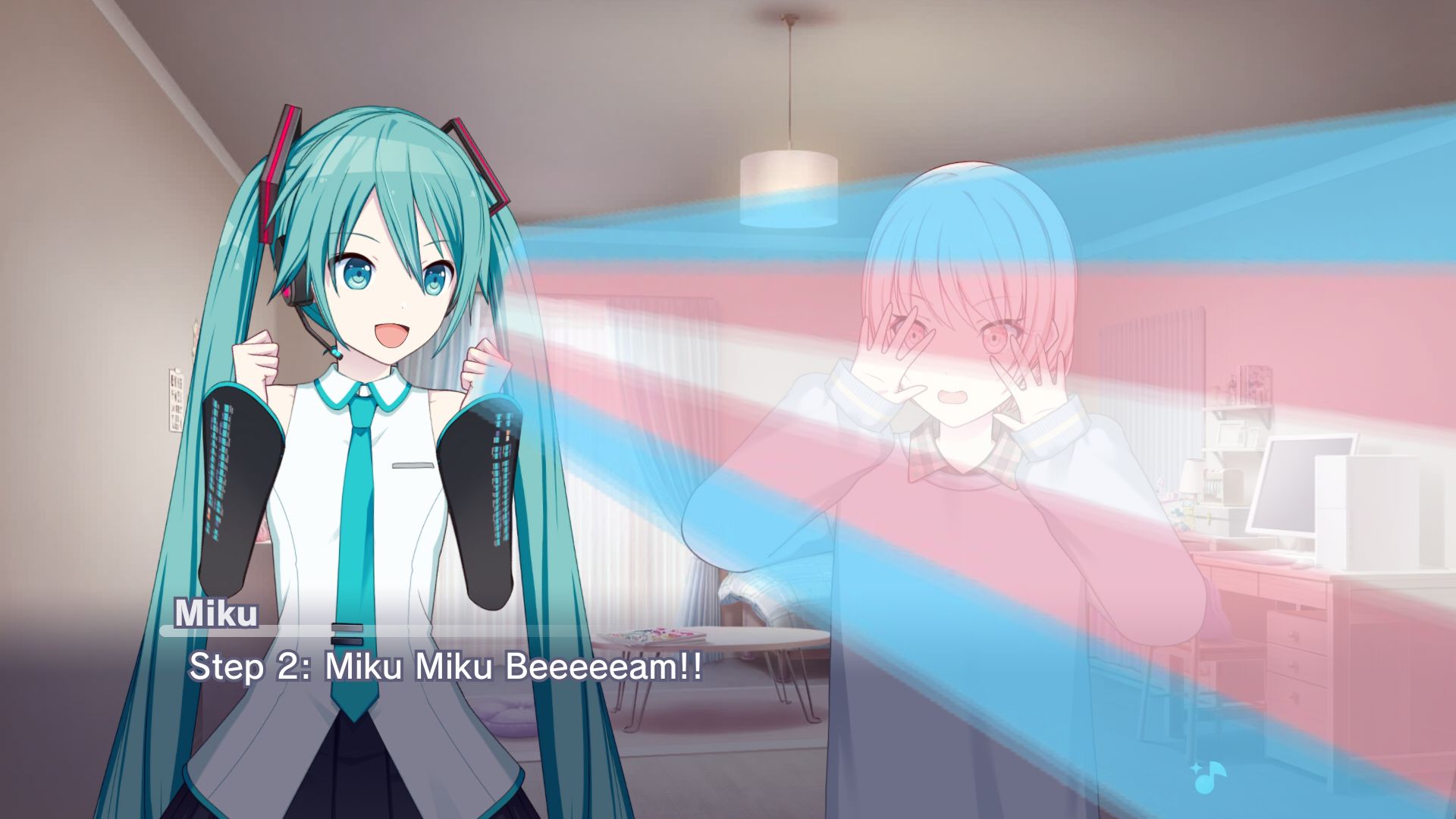 Made from Project Sekai's story board, in Mizuki's old bedroom, Hatsune Miku says "Step 2: Miku Miku Beeeeeam!!" and shoots a transgender beam at the boymoding Mizuki.