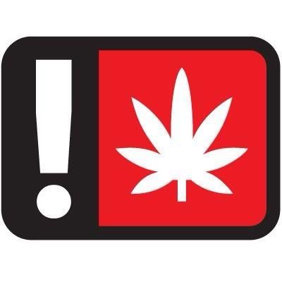 A graphic featuring a black rectangle with an exclamation mark and a red square containing a stylized cannabis leaf.