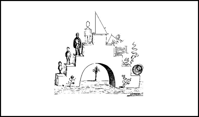 A drawing of a staircase onto which various abstraction of a character is standing.

Cover of Saul Steinberg's Untouched by Human Hands