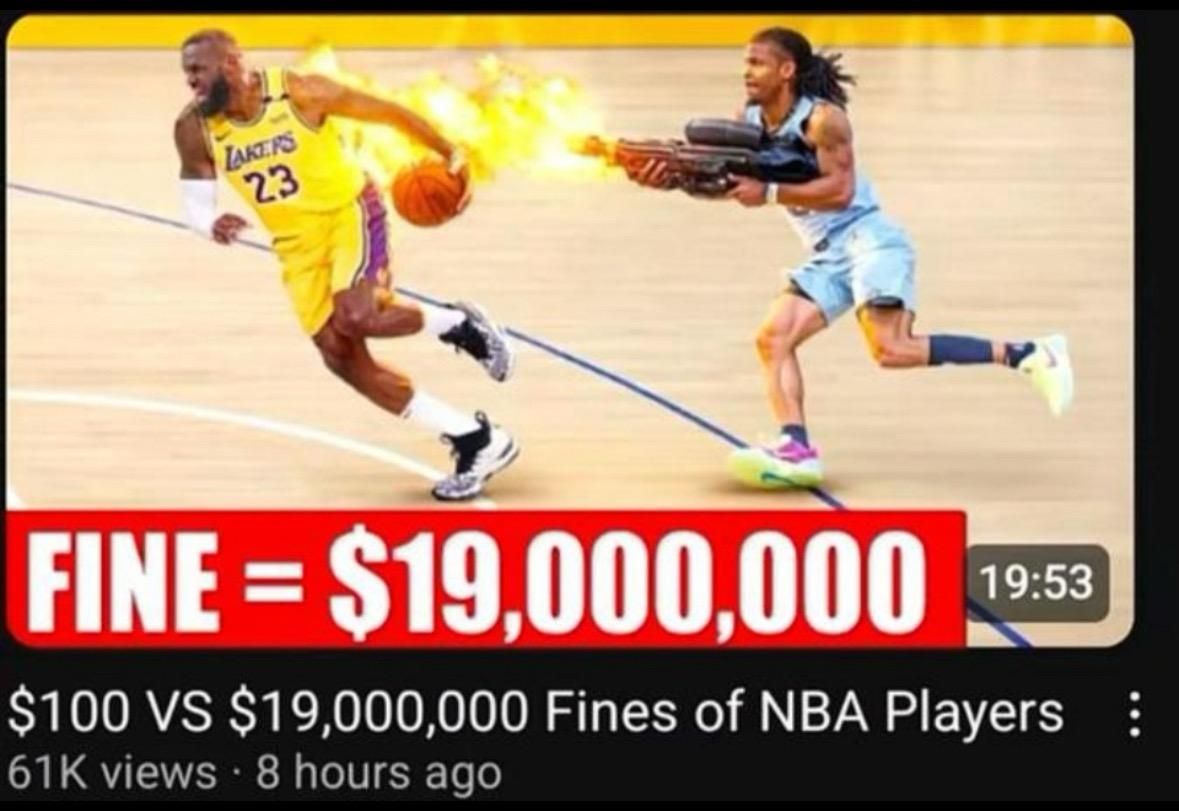 YouTube thumbnail depicting another player shooting LeBron James with a flamethrower on a basketball court with text reading “FINE = $19,000,000”

Video title: “$100 VS $19,000,000 Fines of NBA Players”