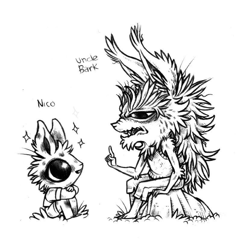 A drawing of an older rabbit named Uncle Bark, with imposing bushy brows and a long mane, is sitting on a rock and is telling Nico, a very young rabbit, a story. Nico is sitting on the ground in front of Uncle Bark and appears fascinated by the story, sparkle-eyed.