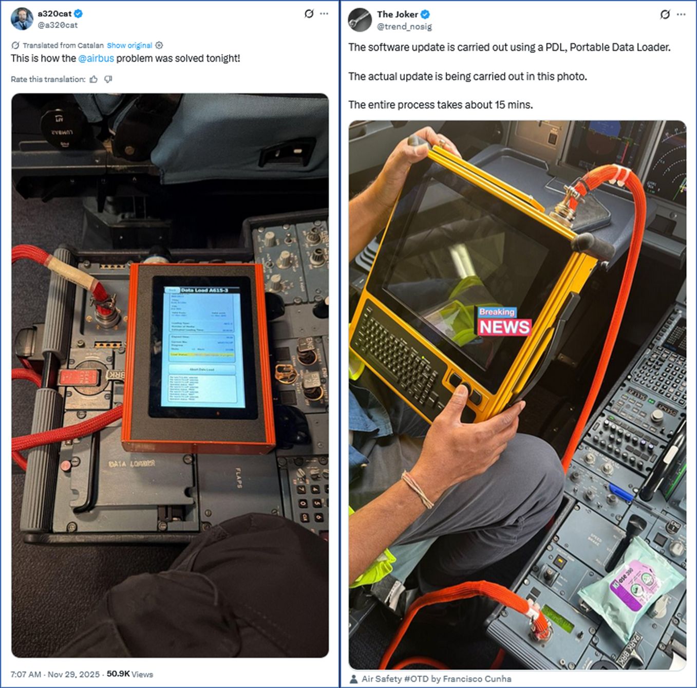 1. Twet by a320cat @a320cat
Translated from Catalan
This is how the @airbus  problem was solved tonight!

2. Tweet by The Joker @trend_nosig
The software update is carried out using a PDL, Portable Data Loader.

The actual update is being carried out in this photo. 

The entire process takes about 15 mins.