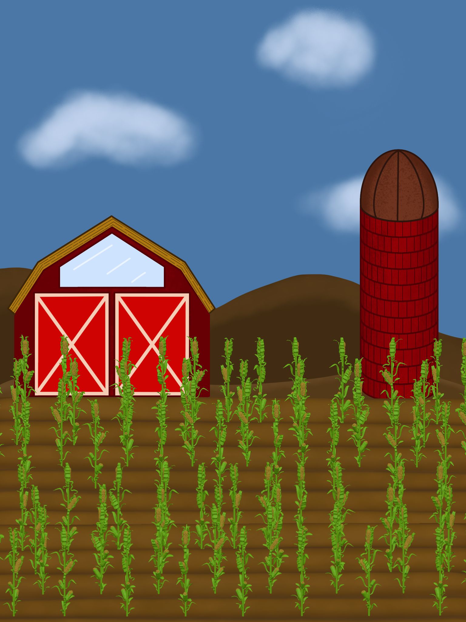 3D corn stalks arranged in farm rows in front of a barn and silo. The barn, silo, and background are painted in as a 2D canvas that I added into the render in iPad. Not the fanciest little scene, but something I made to help my fall spirit cope with another few months of summer.