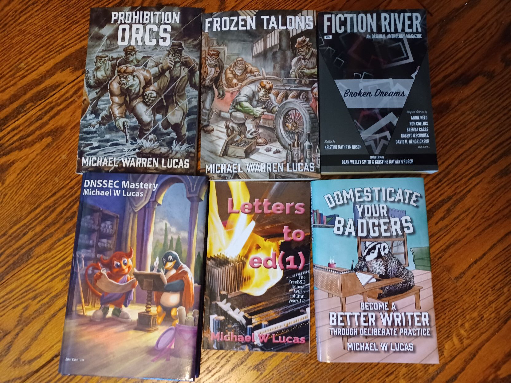 2022: One tech book, "DNSSEC Mastery 2/e." Two novels, "Prohibition Orcs" and "Frozen Talons. One book on writing, "Domesticate Your Badgers." One anthology. One collection.