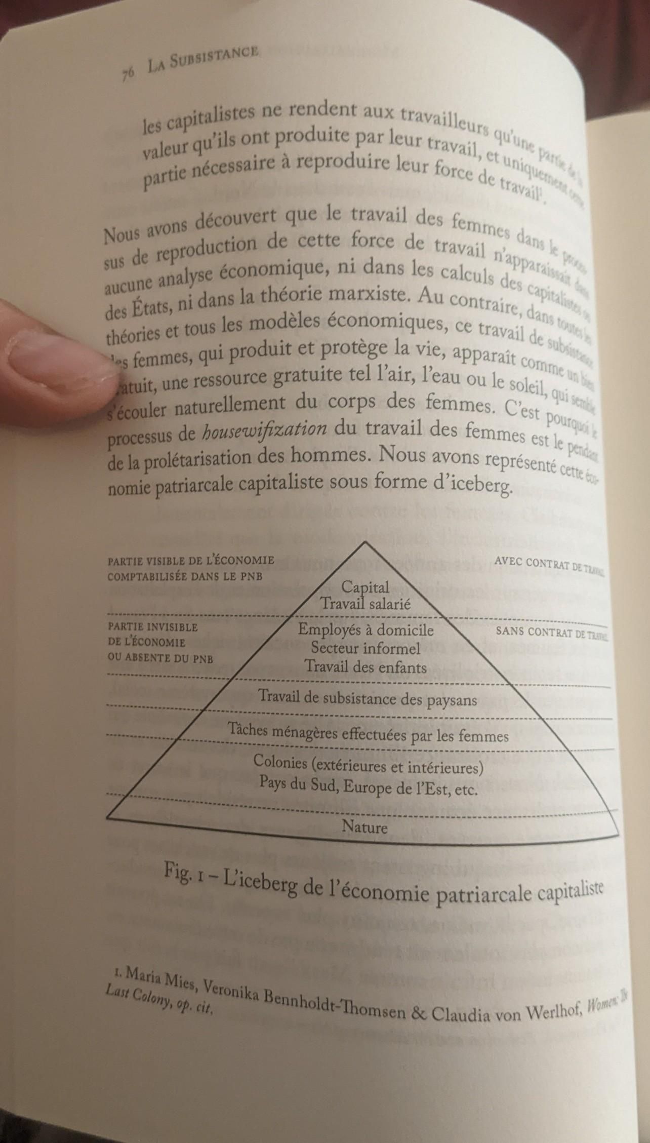 Pyramide avec tout en bas la nature

Ensuite les colonies 

Ensuite les tâches ménagères faites par les femmes

Puis le travail de subsistance des paysans 

Le travail informel sans contrat de travail

Et tout en haut le travail salarié et le capital qui sont comptés dans le PNB 