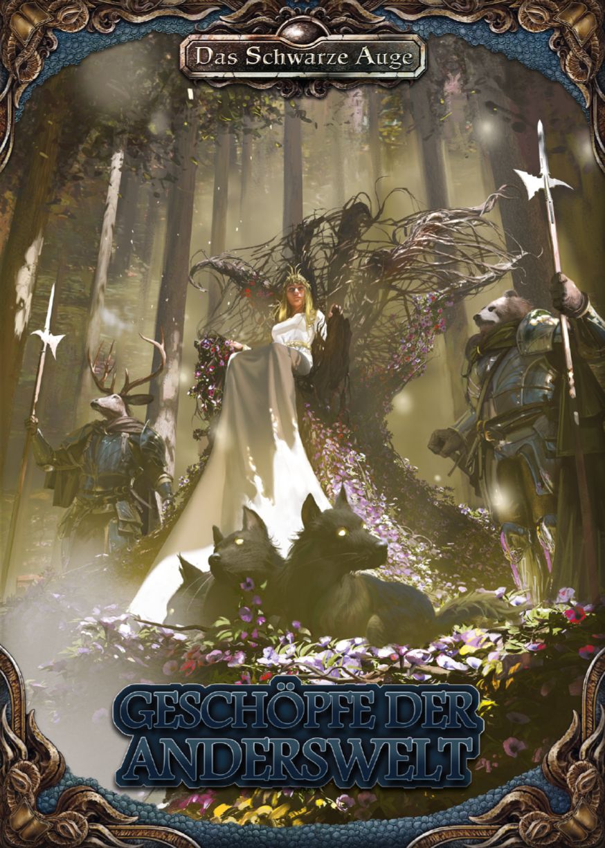 Cover of "Creatures of the Otherworld". Depicts a fey queen on a throne of brambles, flanked by beast knights with stag and bear heads. In front of her rests a three-heades dog. The scene is set in a flowery forrest filled with light and shadow.
