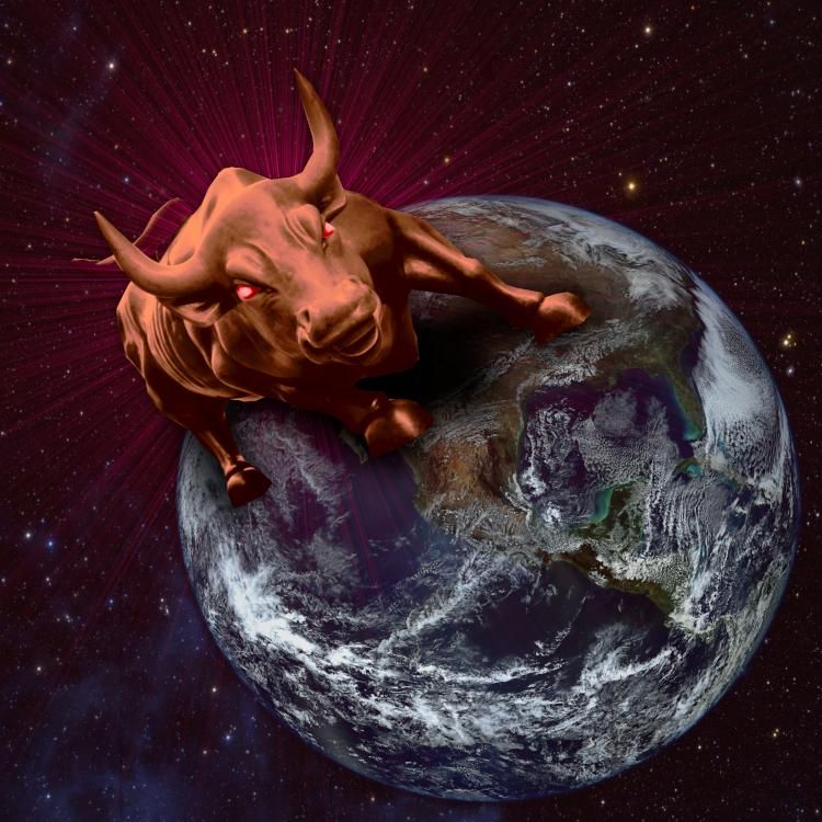 The Earth from space. Standing astride it is the Wall Street 'Charging Bull.' The bull has glowing red eyes. It is haloed in a starbust of red radiating light. Image: Sam Valadi (modified) https://www.flickr.com/photos/132084522@N05/17086570218/ CC BY 2.0: https://creativecommons.org/licenses/by/2.0/