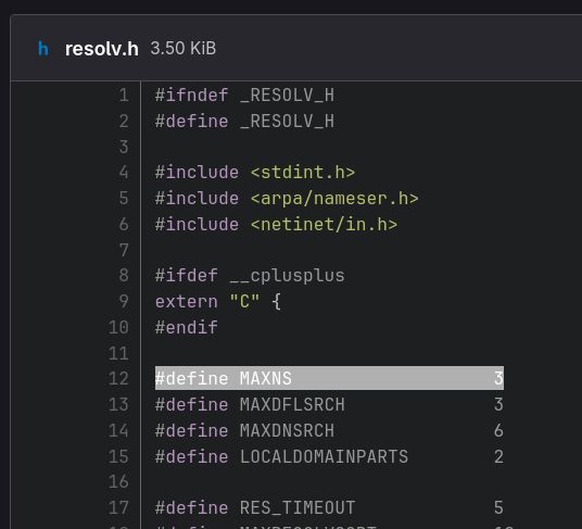A screenshot of the resolv.h source code with the line highlighted "#define MAXNS 3"