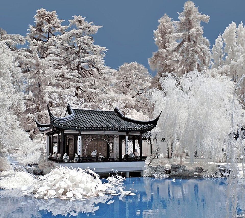 Beautiful winter scene of Chinese garden and water 