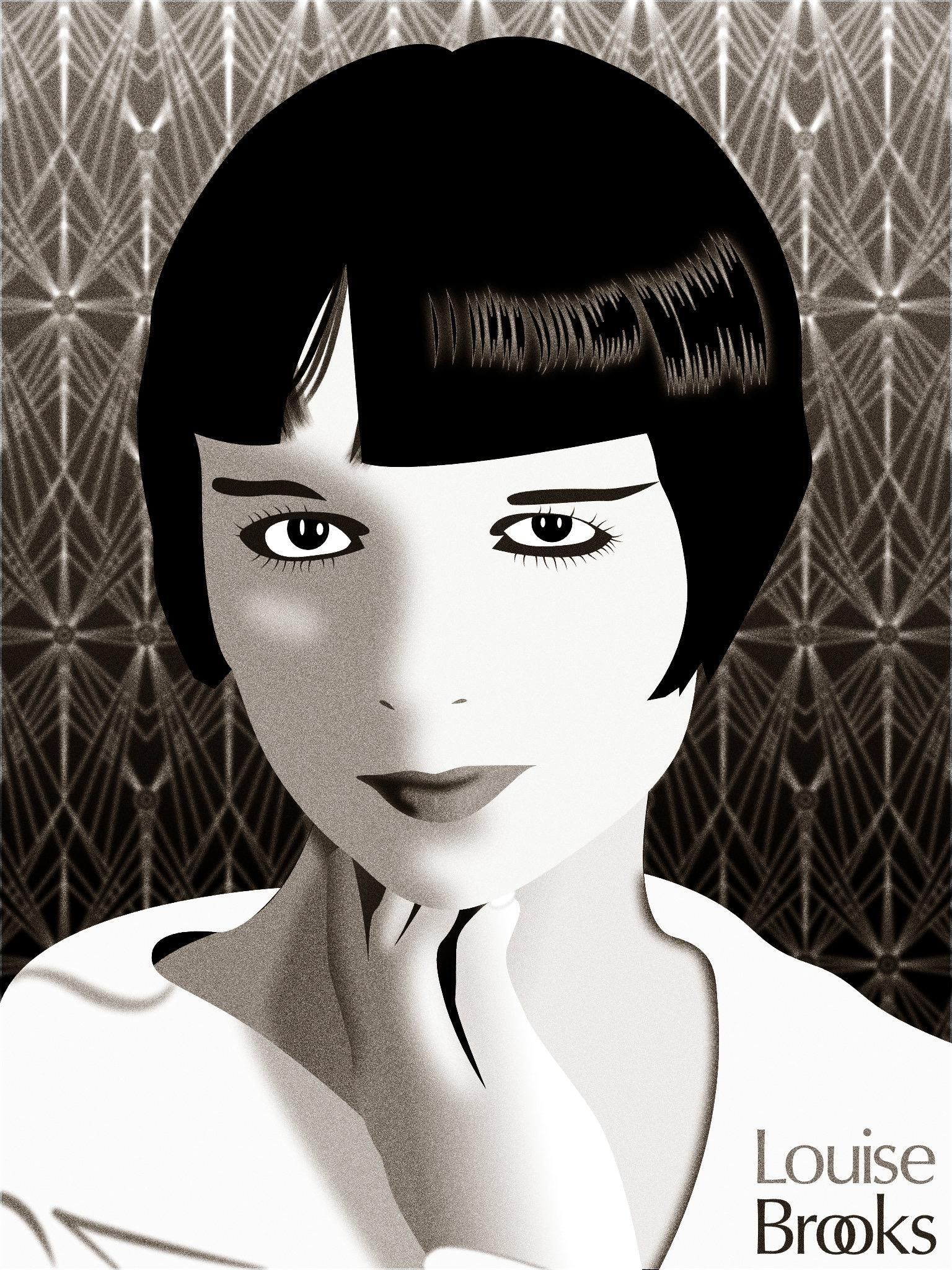 Louise Brooks looking straight into the camera, wearing a white top in front of an art deco background.