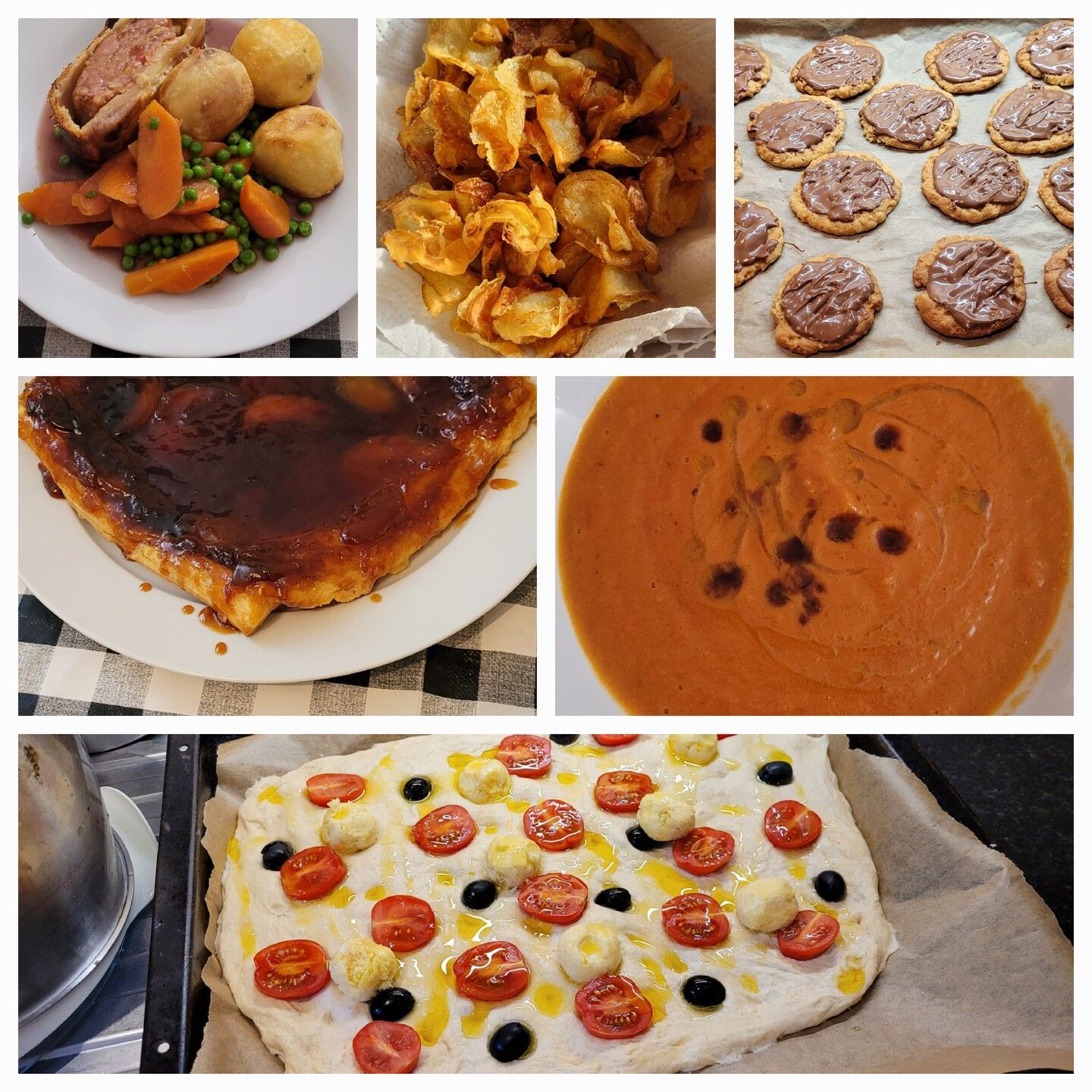 Food collage.... 

Roast dins with all the trimmings and some kind of Wellington (I can't remember what I made it from but looks nice)

Air fryer 'cheese & onion' crisps (pretty sure they were garlic powder and nooch - phenomenal crisps but so staggeringly labour-intensive as to not be at all worth it... Look pretty though)

Chocolate hob nobs!

Some kind of tarte tatin - I think this was a pear one

Beautiful roasted tomato and garlic soup with pretty dots of balsamic and some swirls of olive oil

A focaccia, pre-ovened, with olives, half cherry tomatoes and some homemade mozzarella 