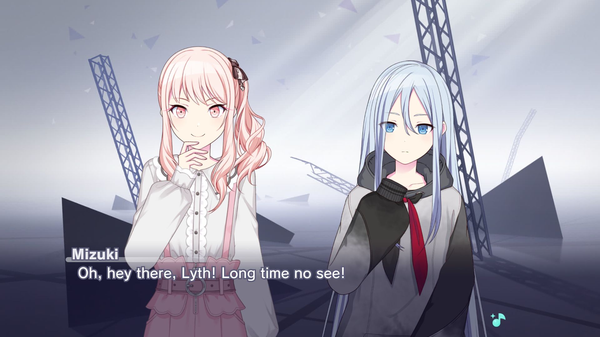 The scene now shows Mizuki Akiyama telling Lyth "Oh, hey there, Lyth! Long time no see!"