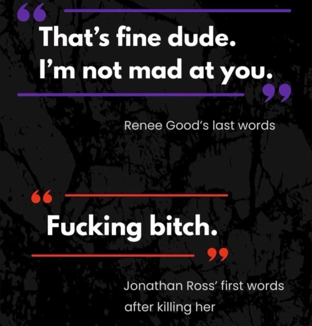A picture reading the following:

Renee Good's last words: “That's fine, dude. I'm not mad at you.”

Jonathan Ross' first words after killing her: “Fucking bitch.”