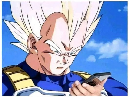vegeta (dragonball character) with an angry and confused expression reading from a smartphone