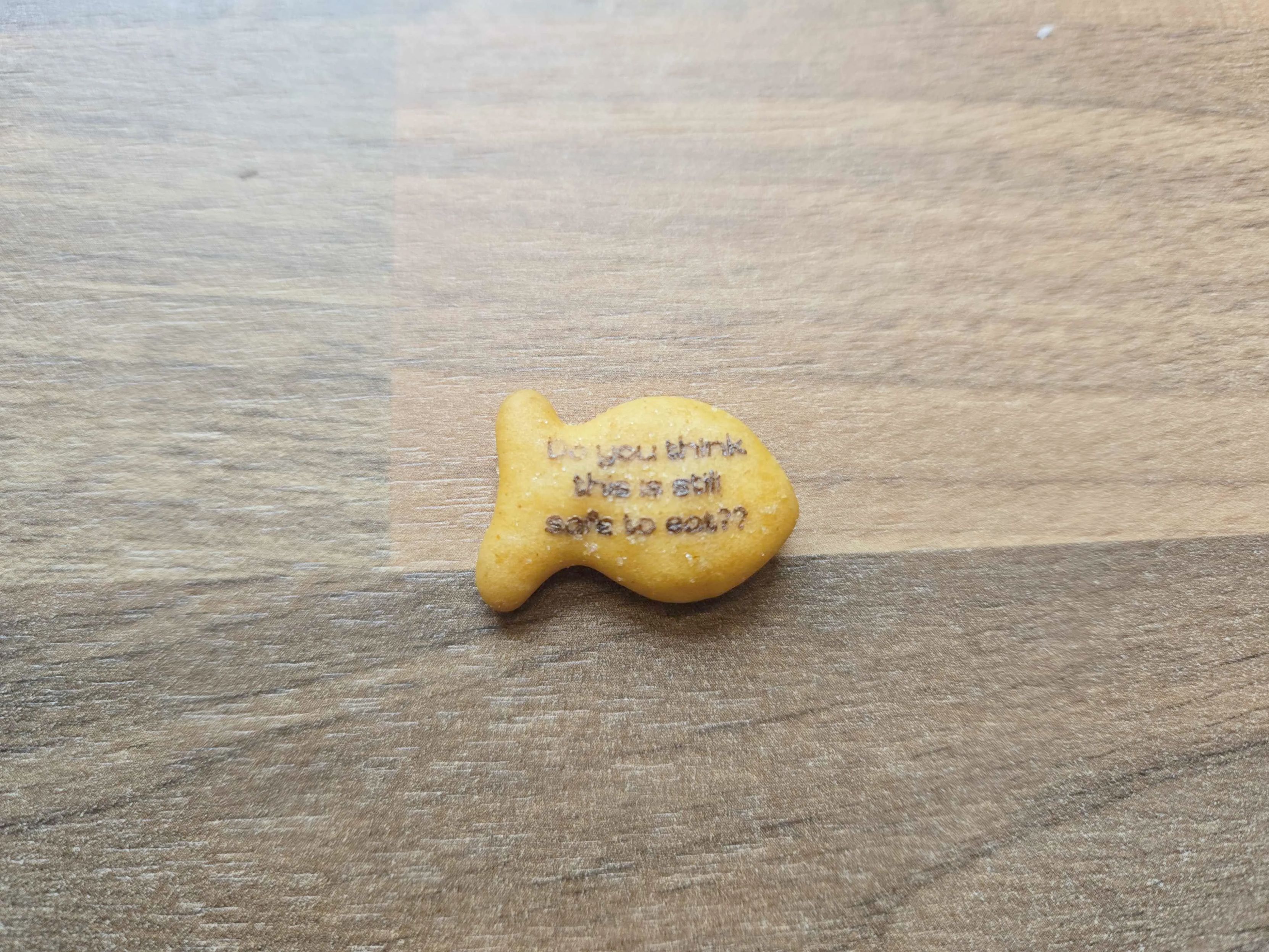A goldfish cracker with text engraved/burned on there in a tiny font. The text is: "Do you think this is still safe to eat??"
