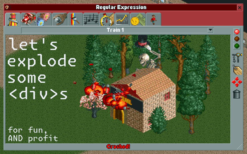 openrct2 screenshot. a train called "Regular Expression" explodes into a hut labelled "XML". of course there's a skelethor behind the hut