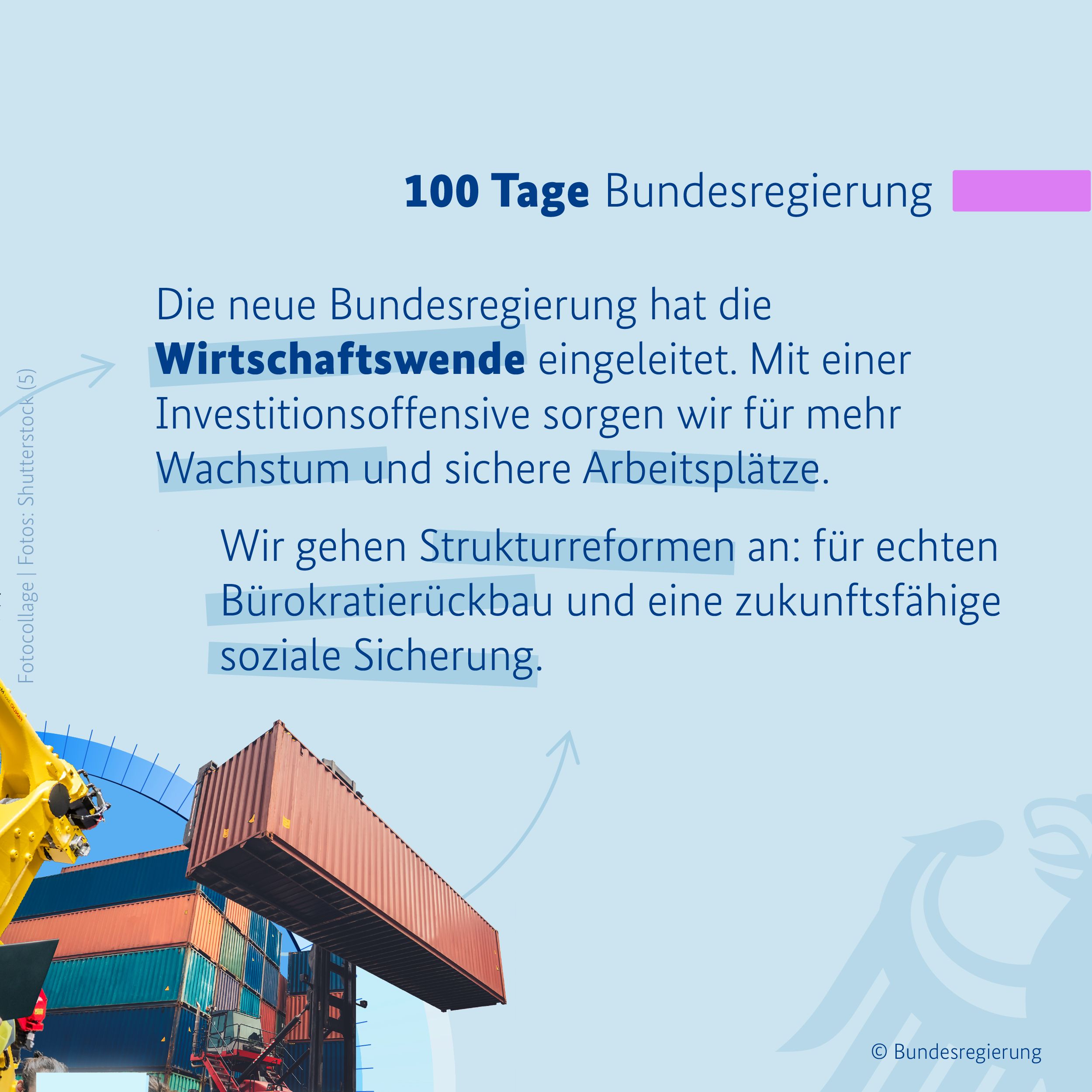Auf hellblauem Hintergruns ist in der oberen rechten Bildhälfte ein pinkfarbener Balken zu sehen, daneben in dunkelblauen Buchstaben die Überschrift 100 Tage Bundesregierung. Darunter steht der Text: Die neue Bundesregierung hat die Wirtschaftswende eingeleitet. Mit einer Investitionsoffensive sorgen wir für mehr Wachstum und sichere Arbeitsplätze. Wir gehen Strukturreformen an: für echten Bürokratierückbau und eine zunftsfähige soziale Sicherung. Das Wort Wirtschaftswende ist optisch hervorgehoben. Links unten im Bild sind Transport-Container zu sehen.