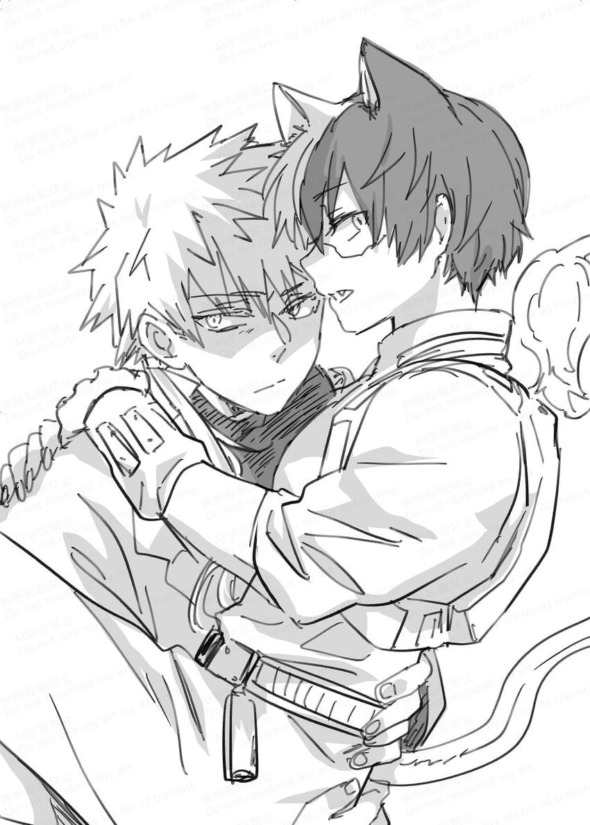 Yaoi with a boy holding a catboy, who is hugging the boy, in his hands.