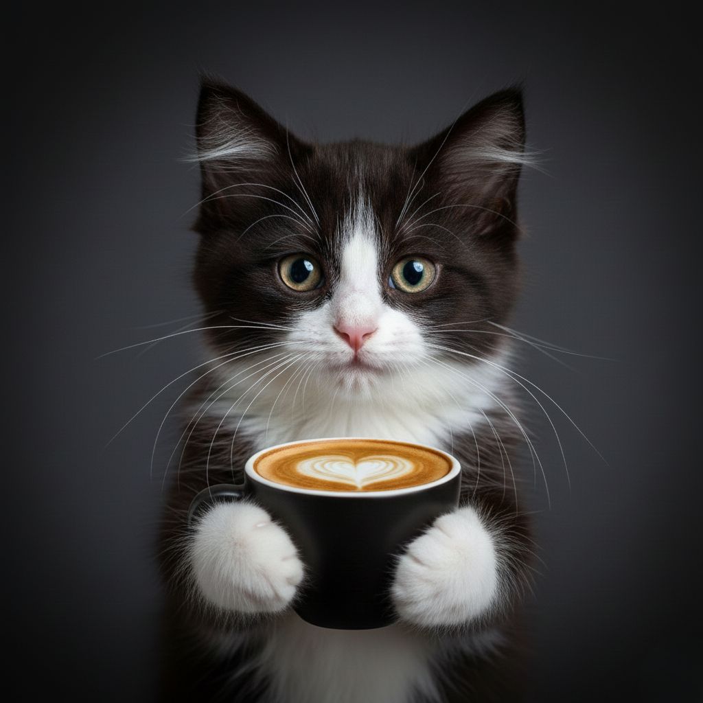 Close-up of a realistic, fluffy black and white Tuxedo kitten with a focused gaze, holding a small white coffee cup with both paws against a simple dark background. The image conveys structure and clarity.