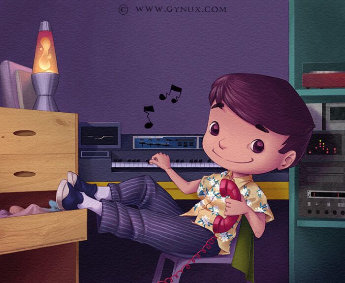 A character sitting on a chair, holding a red phone in one hand and pressing a key of a synthesizer with the other hand.