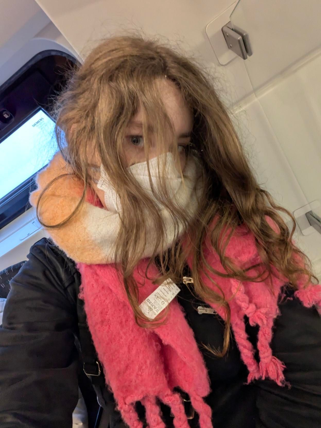 alina on a regional train, taking a selfie. she's wearing a lesbian colored scarf and a 3M aura mask